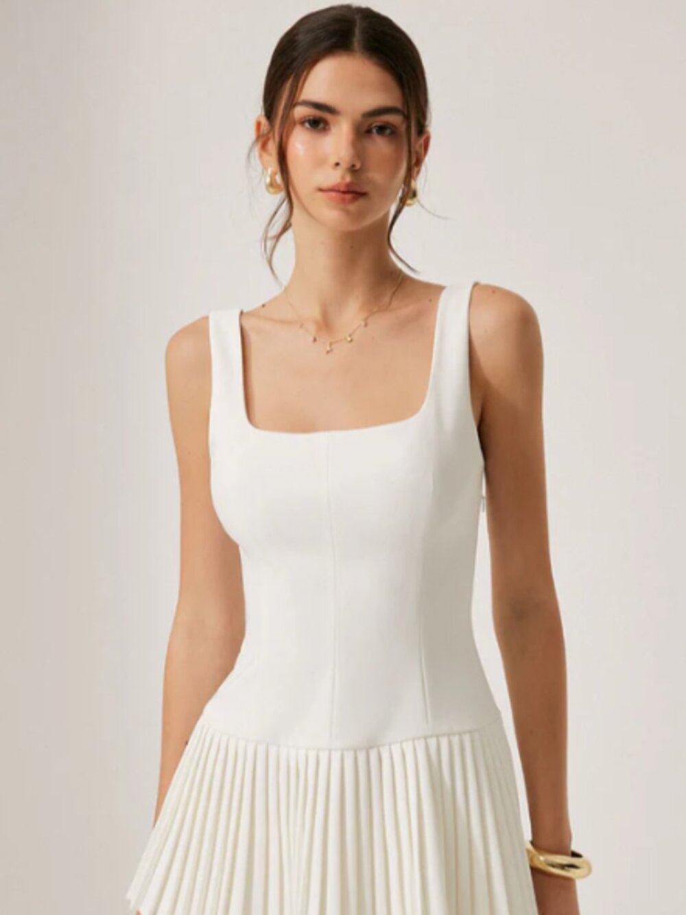 Commense Square Neck Pleated Dress